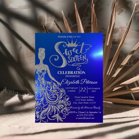 Invitation Robe Parties scintillant en argent, Diamants Bleu 