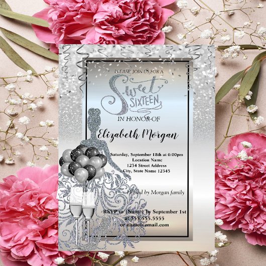 Invitation Robe Parties scintillant en argent, Verre, Ballons