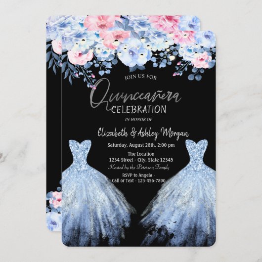 Invitation Robe parties scintillant Fleurs Roses Bleues (Devant / Derrière)