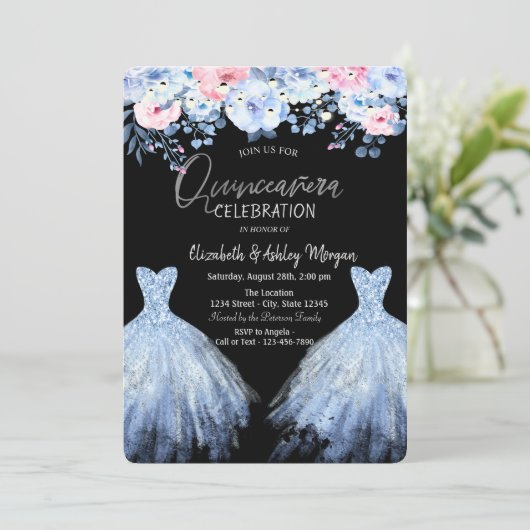 Invitation Robe parties scintillant Fleurs Roses Bleues (Debout devant)