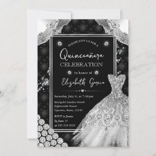Invitation Robe Parties scintillant noire et argent Quinceane