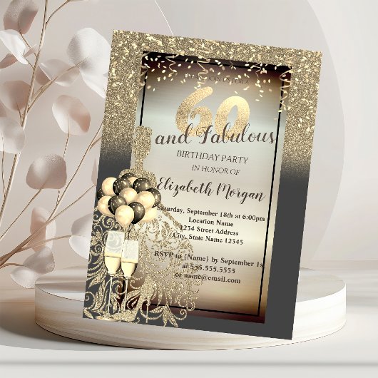 Invitation Robe Parties scintillant or, Ballons, 60e fête d'a