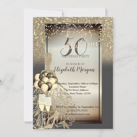 Invitation Robe Parties scintillant or, Ballons, fête d'anniv (Devant)