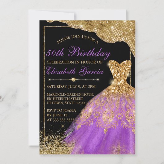 Invitation Robe Parties scintillant or et violet Anniversaire (Devant)