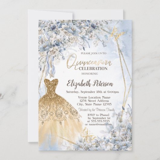 Invitation Robe Parties scintillant or Fleurs bleues Quincean (Devant)