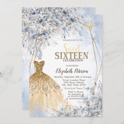 Invitation Robe Parties scintillant or Fleurs papillon doux 1 (Devant / Derrière)