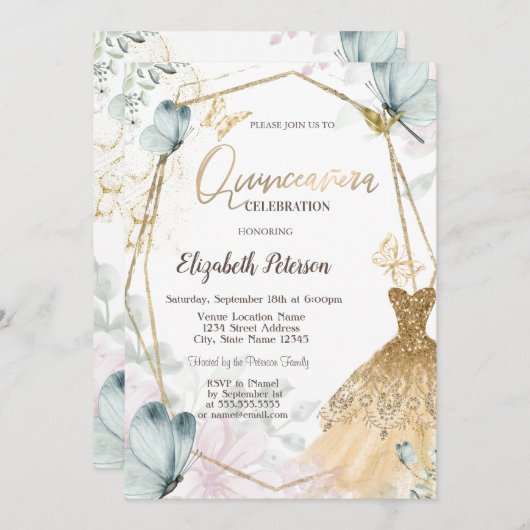 Invitation Robe Parties scintillant Or Papillons Bleus Gold F (Devant / Derrière)