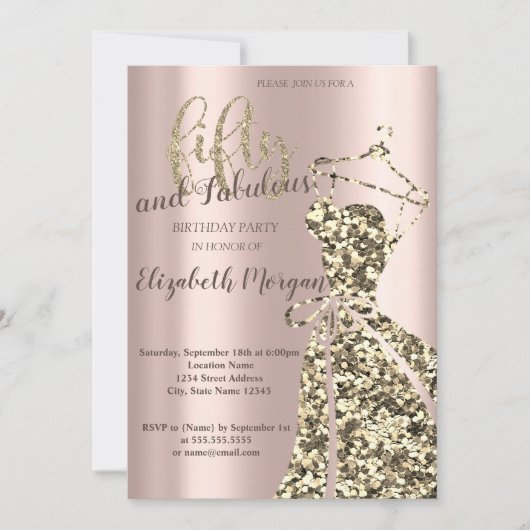 Invitation Robe Parties scintillant or, Rose Gold 50e fête d' (Devant)
