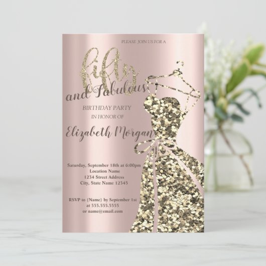 Invitation Robe Parties scintillant or, Rose Gold 50e fête d' (Debout devant)