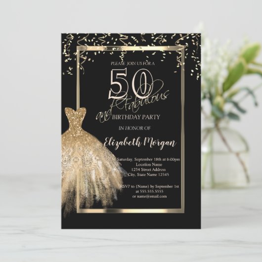 Invitation Robe Parties scintillant or Sequins 50e anniversai (Debout devant)