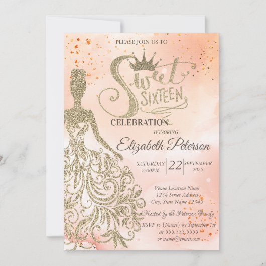 Invitation Robe Parties scintillant or, Tiara, Aquarelle Oran (Devant)