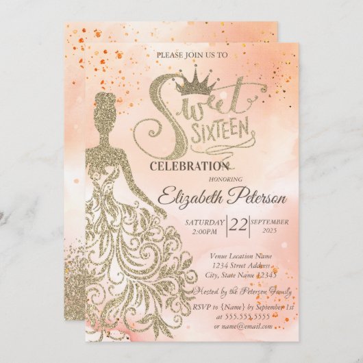 Invitation Robe Parties scintillant or, Tiara, Aquarelle Oran (Devant / Derrière)