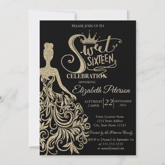 Invitation Robe Parties scintillant or, Tiara, Diamants Black (Devant)