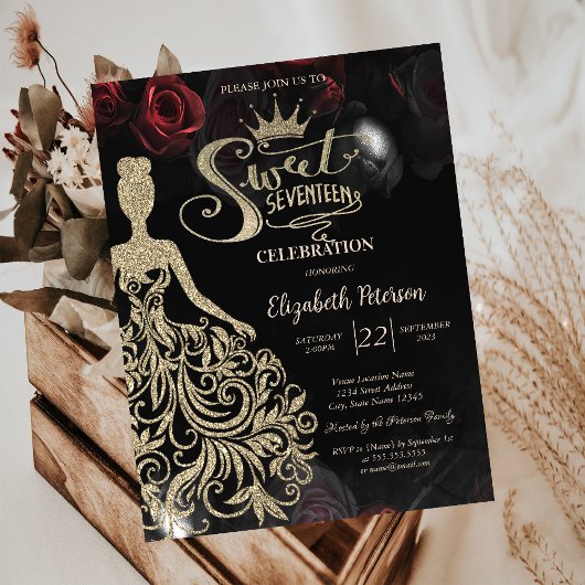 Invitation Robe Parties scintillant or, Tiara, Rose Sweet 17