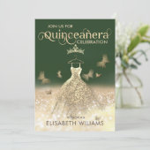 Invitation Robe parties scintillant or vert papillon Quinceañ (Debout devant)