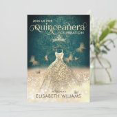Invitation Robe parties scintillant or vert papillon Quinceañ (Debout devant)