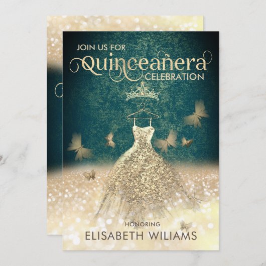 Invitation Robe parties scintillant or vert papillon Quinceañ (Devant / Derrière)