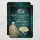 Invitation Robe parties scintillant or vert tiara fan Quincea (Devant / Derrière)