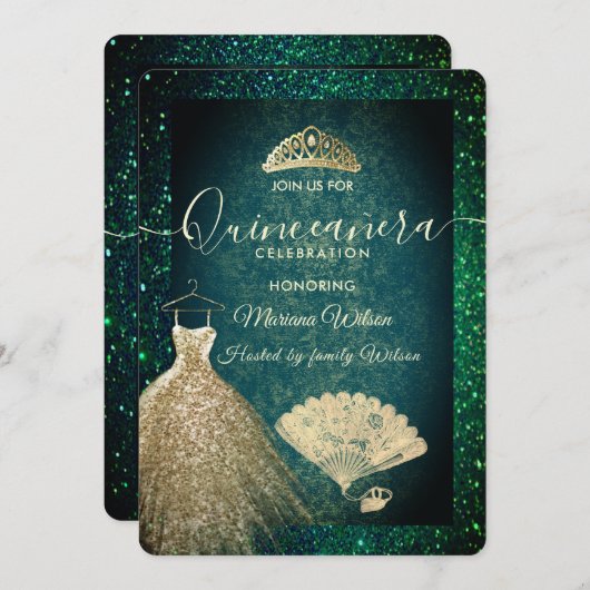 Invitation Robe parties scintillant or vert tiara fan Quincea (Devant / Derrière)