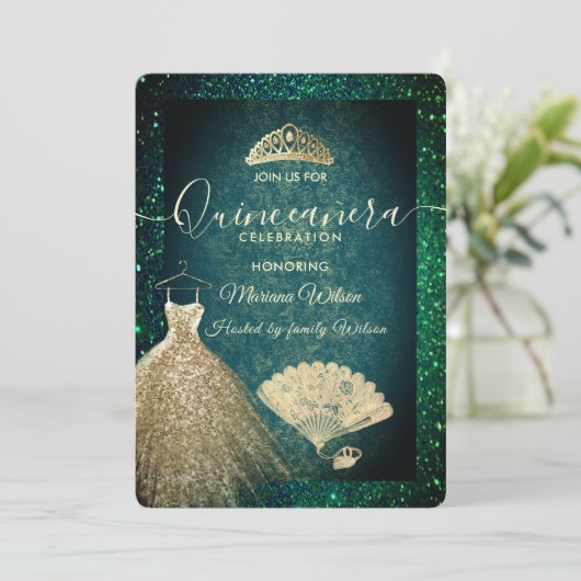 Invitation Robe parties scintillant or vert tiara fan Quincea (Debout devant)