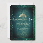 Invitation Robe parties scintillant or vert tiara fan Quincea (Dos)