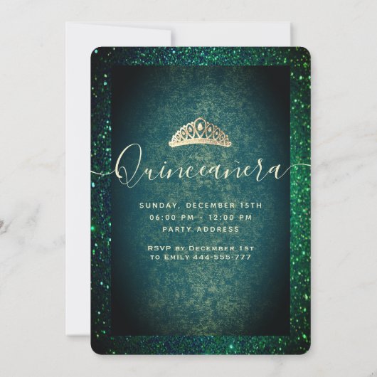 Invitation Robe parties scintillant or vert tiara fan Quincea (Dos)