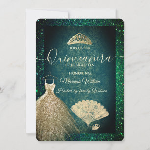 Invitation Robe parties scintillant or vert tiara fan Quincea