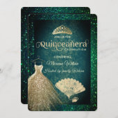 Invitation Robe parties scintillant or verte tiara fan Quince (Devant / Derrière)