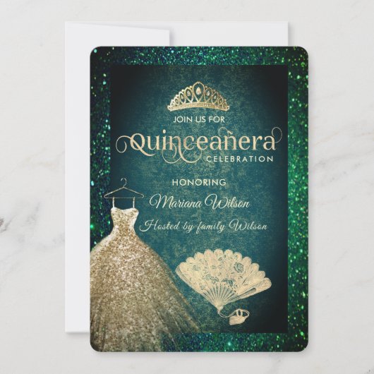 Invitation Robe parties scintillant or verte tiara fan Quince (Devant)