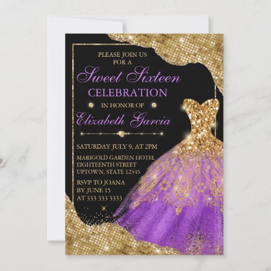 Invitation Robe Parties scintillant or & violet & Arêtes de G (Devant)