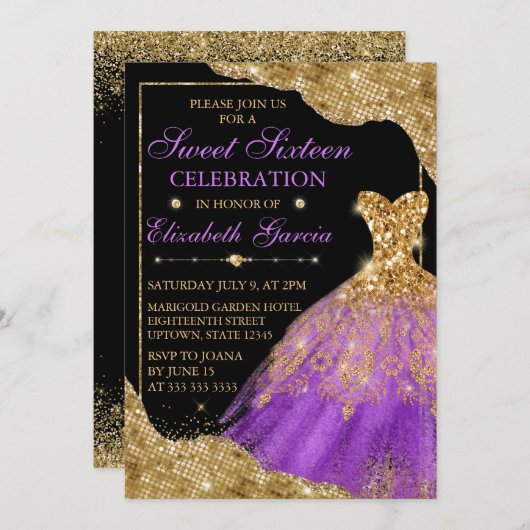 Invitation Robe Parties scintillant or & violet & Arêtes de G (Devant / Derrière)