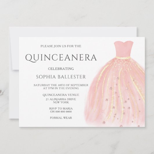 Invitation Robe Parties scintillant rose douce Douce 15 Quinc (Dos)