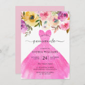 Invitation Robe Parties scintillant rose Fleurs colorées Quin (Devant / Derrière)