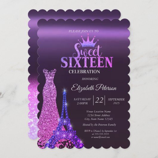 Invitation Robe parties scintillant, Tiara, Tour Eiffel Purpl (Devant / Derrière)