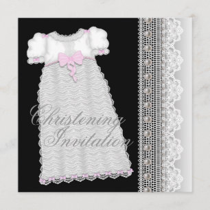 Invitation Robe Perles Bébé Fille Rose Noir Baptême