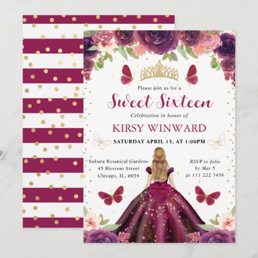 Invitation Robe Plum Blonde Princesse Sweet 16 (Devant / Derrière)