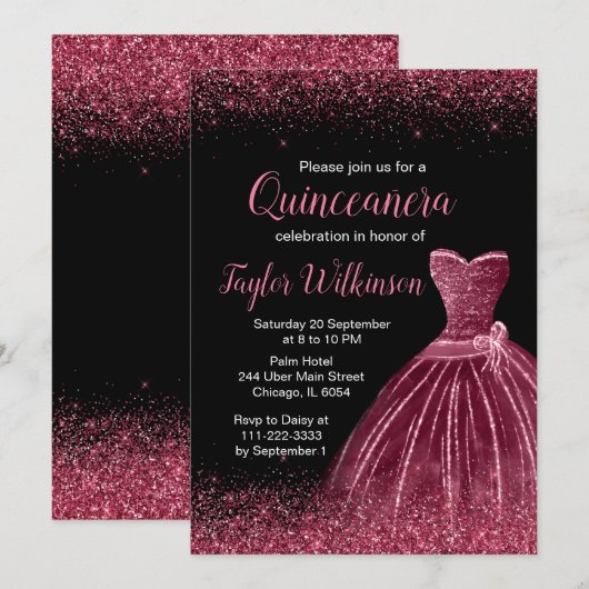 Invitation Robe Plum Violet Faux Parties scintillant Quincean (Devant / Derrière)