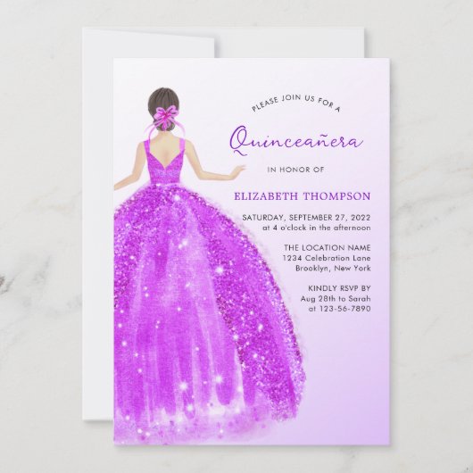Invitation Robe pourpre Parkling Ombre Quinceañera Anniversai (Devant)