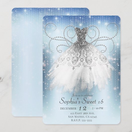 Invitation Robe Princesse Bleu Blanc Argentée Fête Sweet 16 (Devant / Derrière)