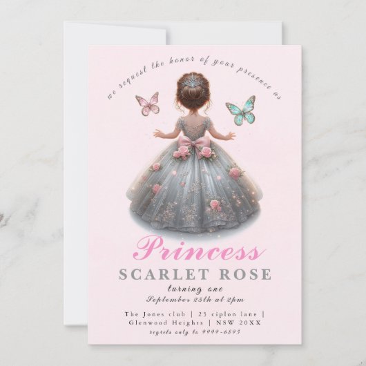 Invitation Robe princesse en argent rose Fête d'anniversaire (Devant)