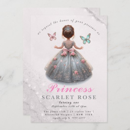Invitation Robe princesse en argent rose Fête d'anniversaire (Devant / Derrière)