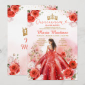 Invitation Robe princesse Florale rouge Couronne or Quinceañe (Devant / Derrière)