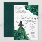 Invitation Robe princesse florale verte et argent Quinceanera (Devant / Derrière)