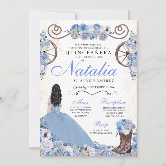 Invitation Robe princesse Ranchero bleu clair Quinceanera (Devant)