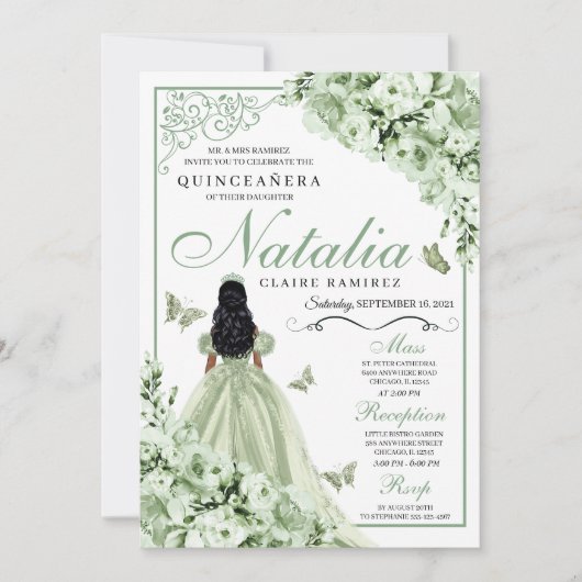 Invitation Robe princesse Rose verte Tiara Quinceanera (Devant)