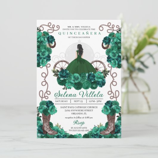 Invitation Robe Princesse verte & Bottes Quinceañera (Debout devant)