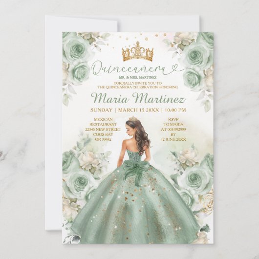 Invitation Robe princesse verte Sage Robe princesse Floral or (Devant)