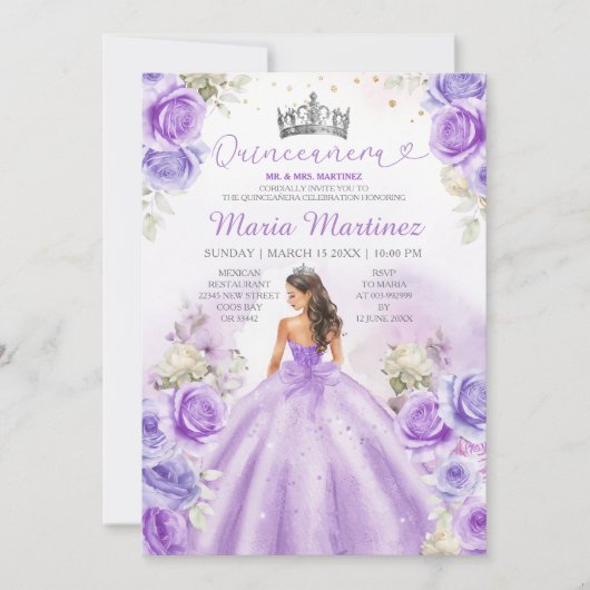Invitation Robe Princesse violette Robe Floral Argent Quincea (Devant)
