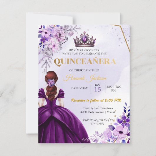 Invitation Robe princière à fleurs violettes Quinceanera (Devant)