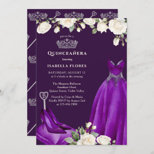 Invitation Robe princière et Rose pourpre Quinceanera
